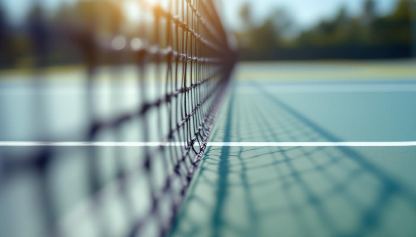 Close-up of an outdoor pickleball net and the center line of a court