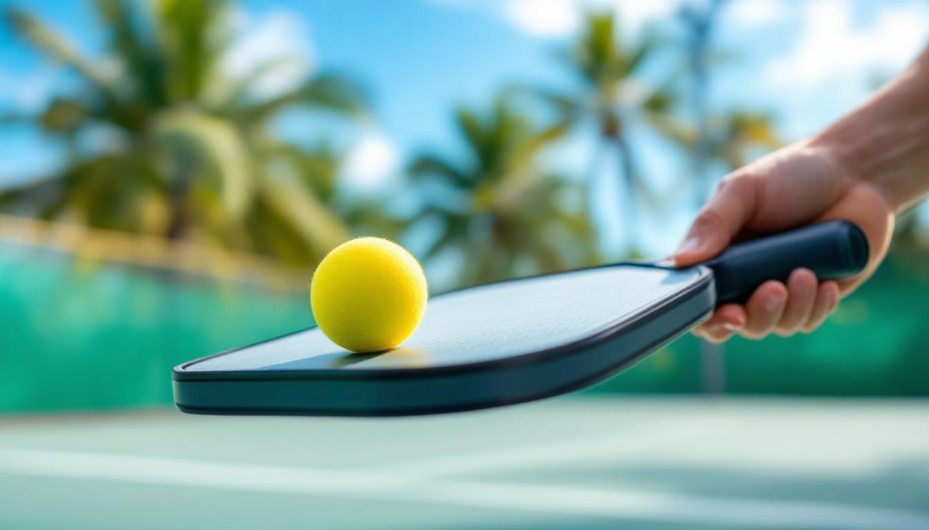 Pickleball player's hand gripping a paddle on a sunny court
