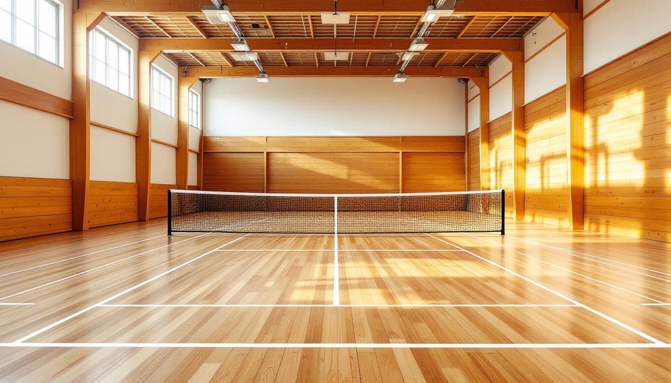 Indoor pickleball court with wooden floor and bright overhead lighting