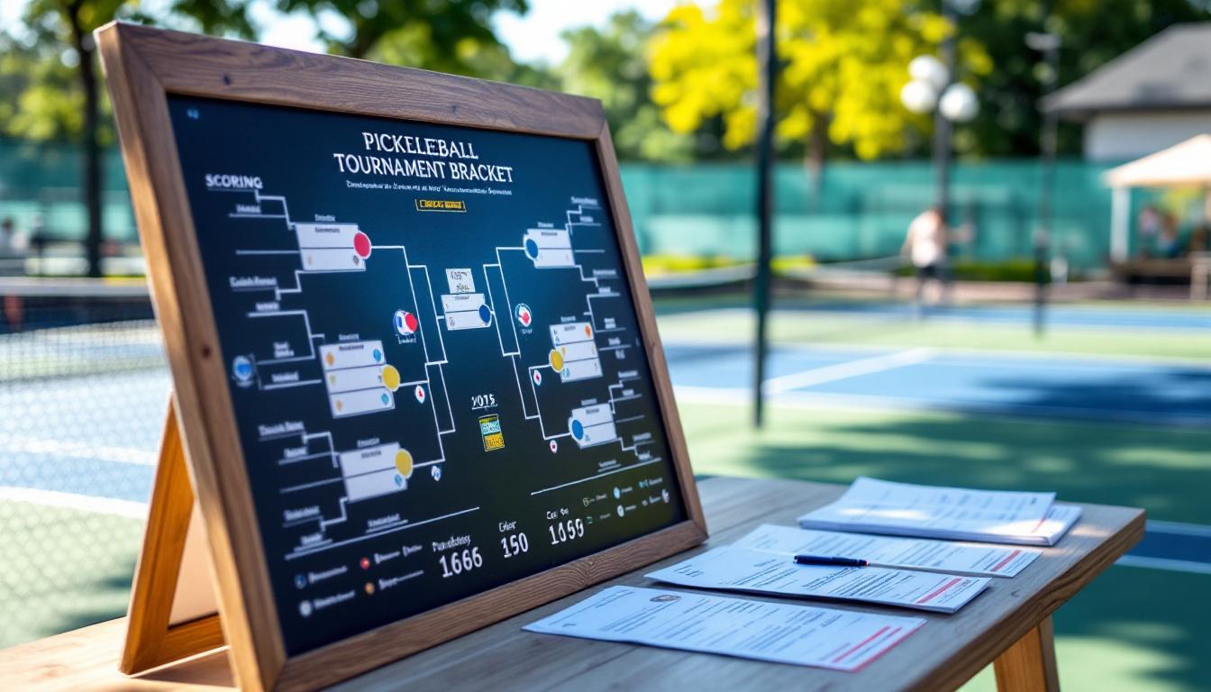 Tournament bracket board at an outdoor pickleball venue