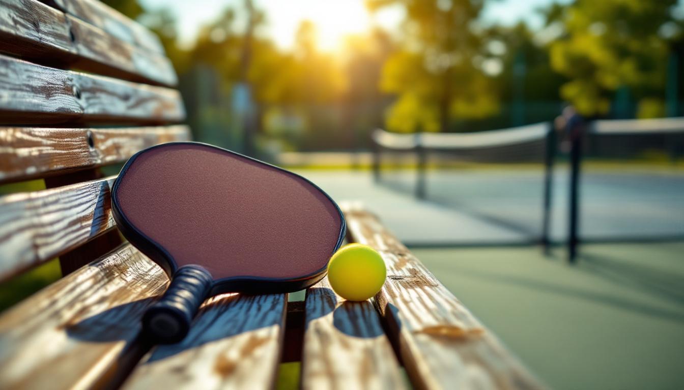 Pickleball paddle and ball on a weathered wooden bench overlooking courts