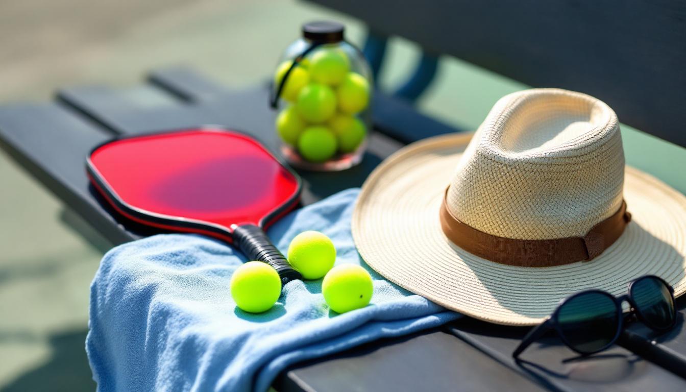 Pickleball gear laid out on a bench — paddle, balls, water bottle, towel