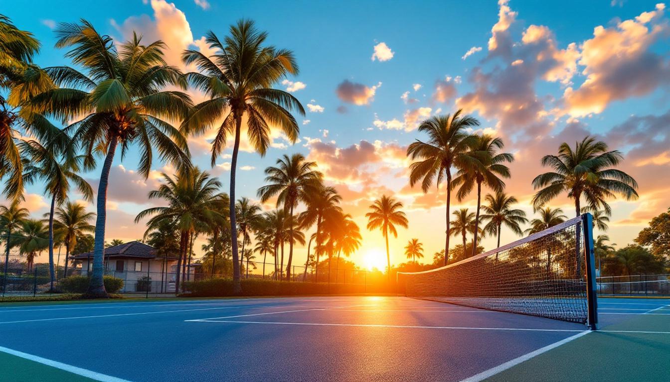 Wide view of a SWFL pickleball complex at sunset with palm trees in the distance
