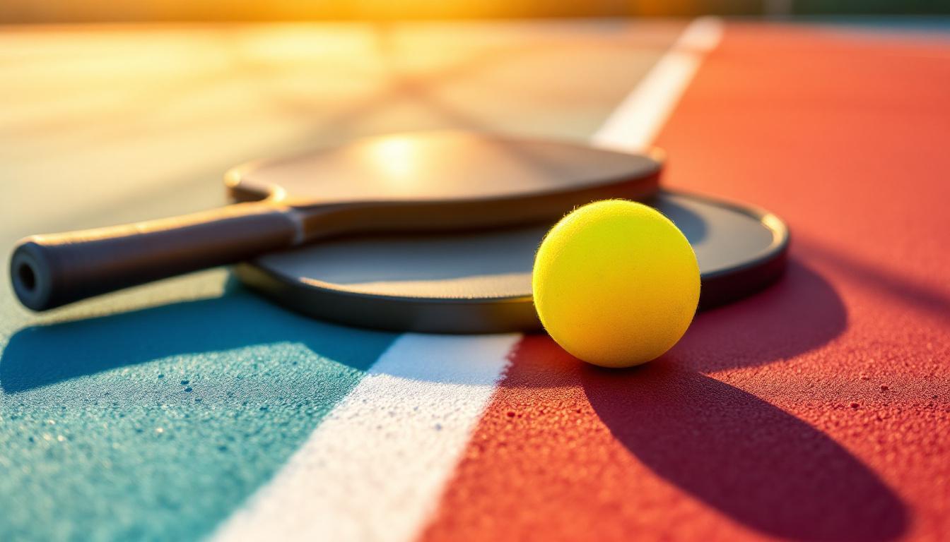 Pickleball player's paddle and ball on a court surface in golden morning light