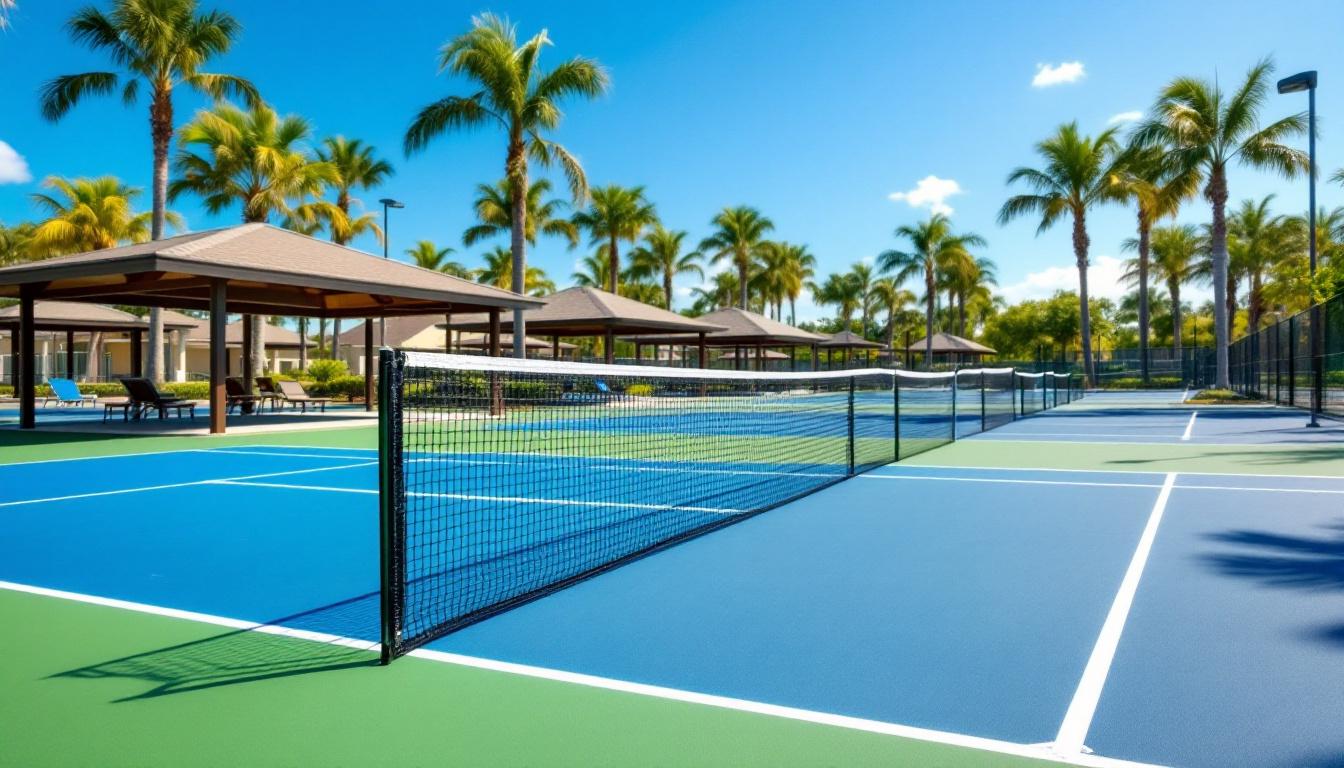 Rows of outdoor pickleball courts at a community park with palm trees