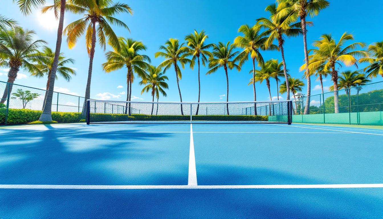 Pickleball players on a bright court under clear Florida sky