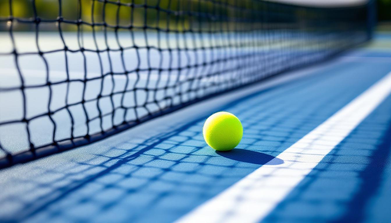 Pickleball net and ball on a freshly resurfaced outdoor court