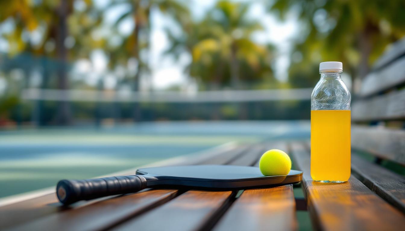 Paddle, ball, and water bottle on a bench beside an outdoor pickleball court
