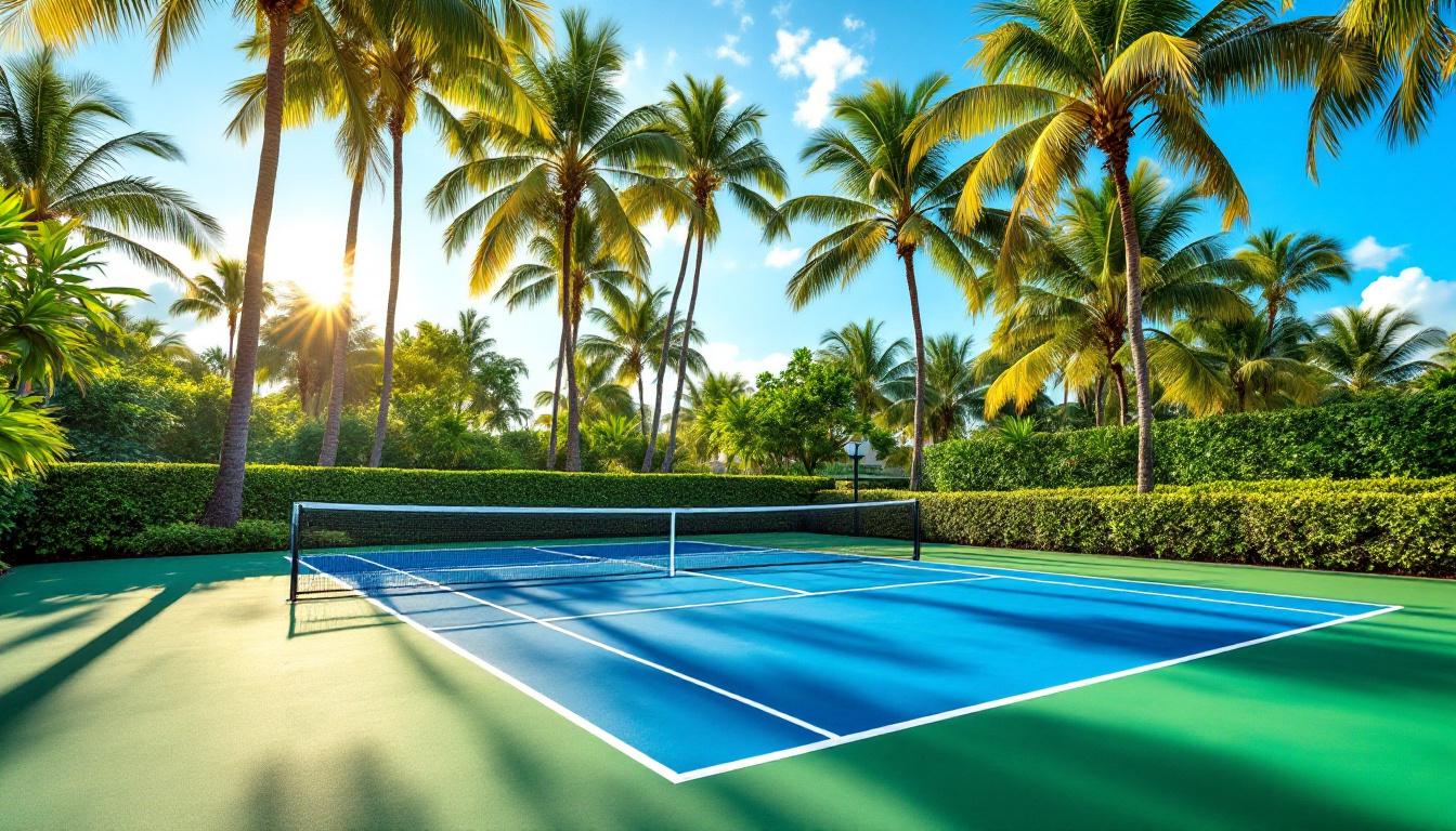 Pickleball court surrounded by tropical landscaping and palm trees