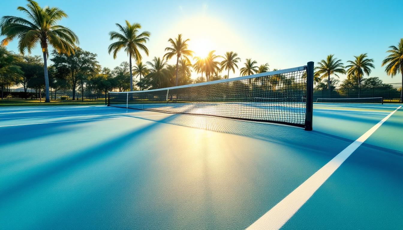 Sunrise light over a pickleball court with the net in silhouette