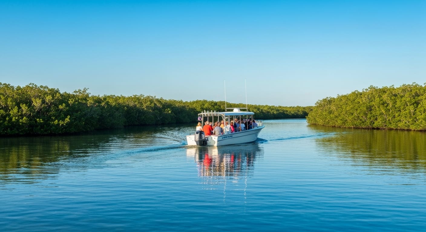Family-friendly dolphin and shelling tour boat near mangrove islands in Southwest Florida