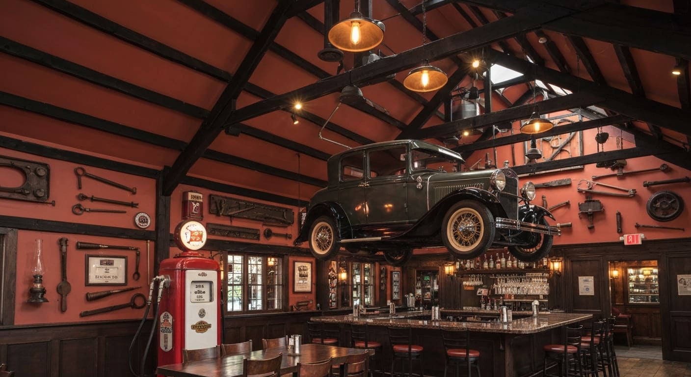 Ford's Garage 1920s garage themed interior with vintage car above the copper bar in Cape Coral