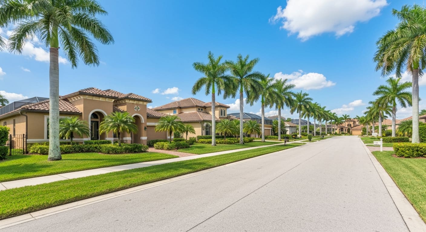 Southwest Florida residential neighborhood with palm trees