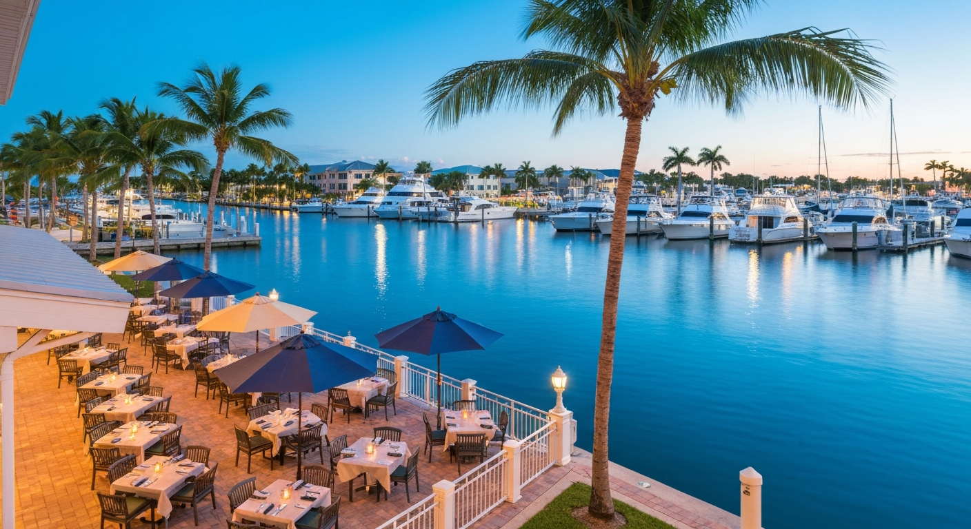 Outdoor dining and palm trees along Marion Avenue in downtown Punta Gorda Florida