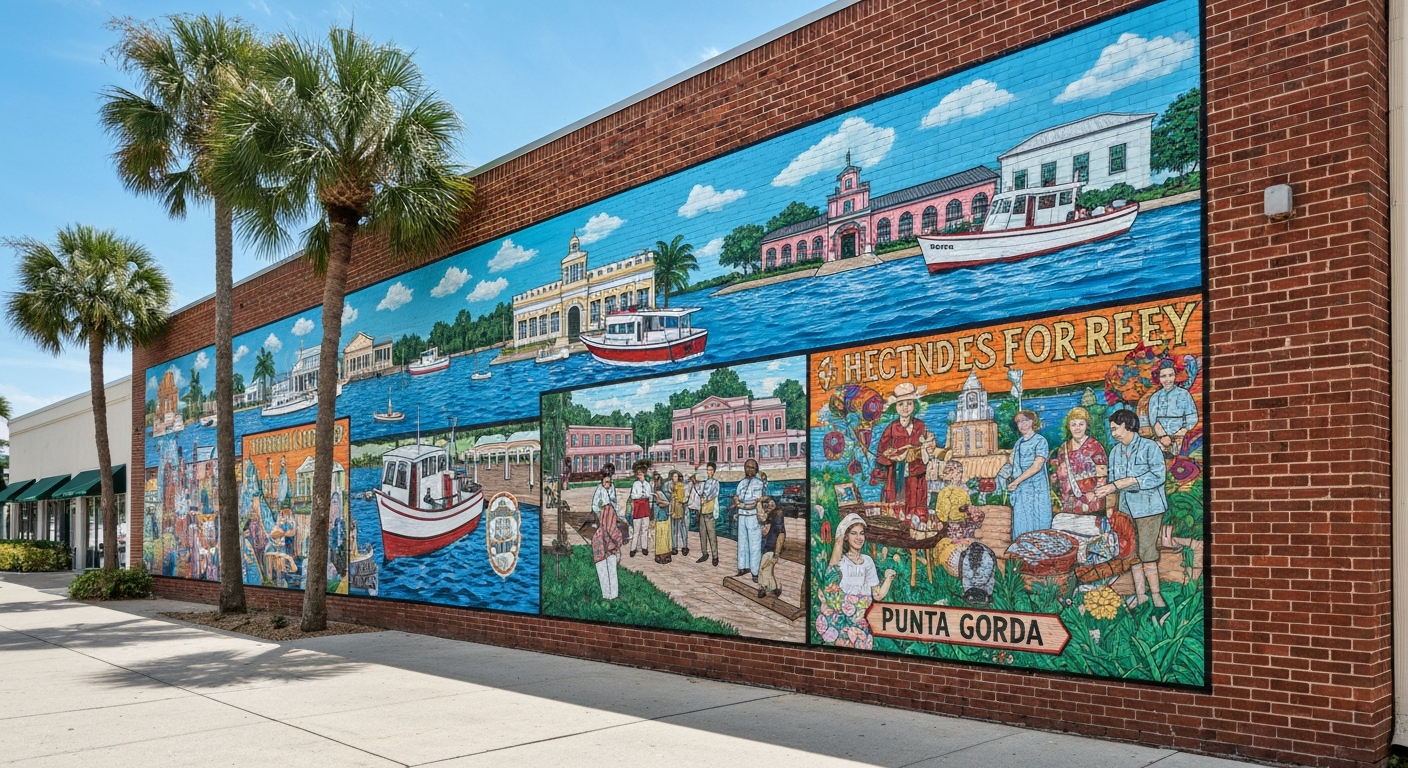 Historic mural painted on a building wall along the Punta Gorda Mural Trail in downtown Florida