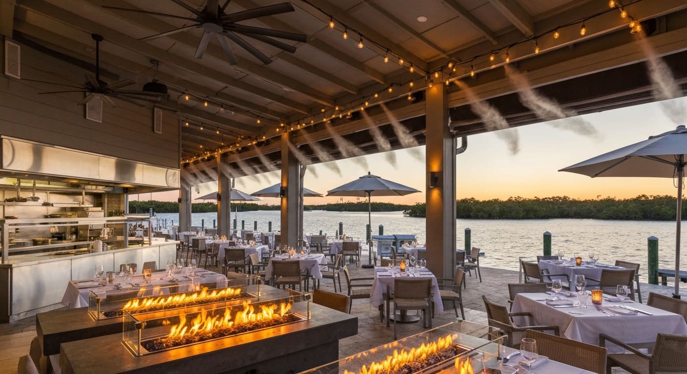 Magnolias On the Bay fine dining deck overlooking Lemon Bay at sunset in Englewood