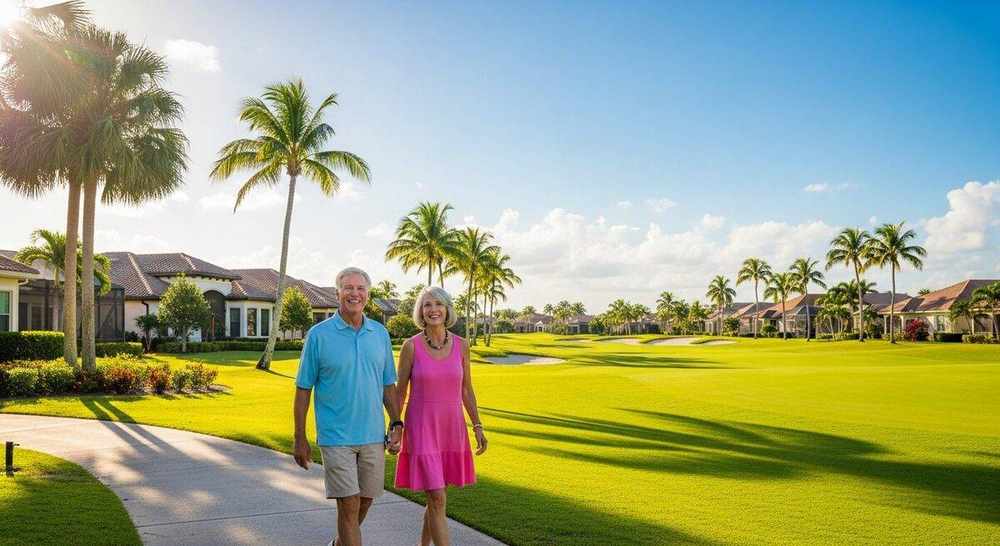 Modern Estero retirement community streetscape near shopping and services
