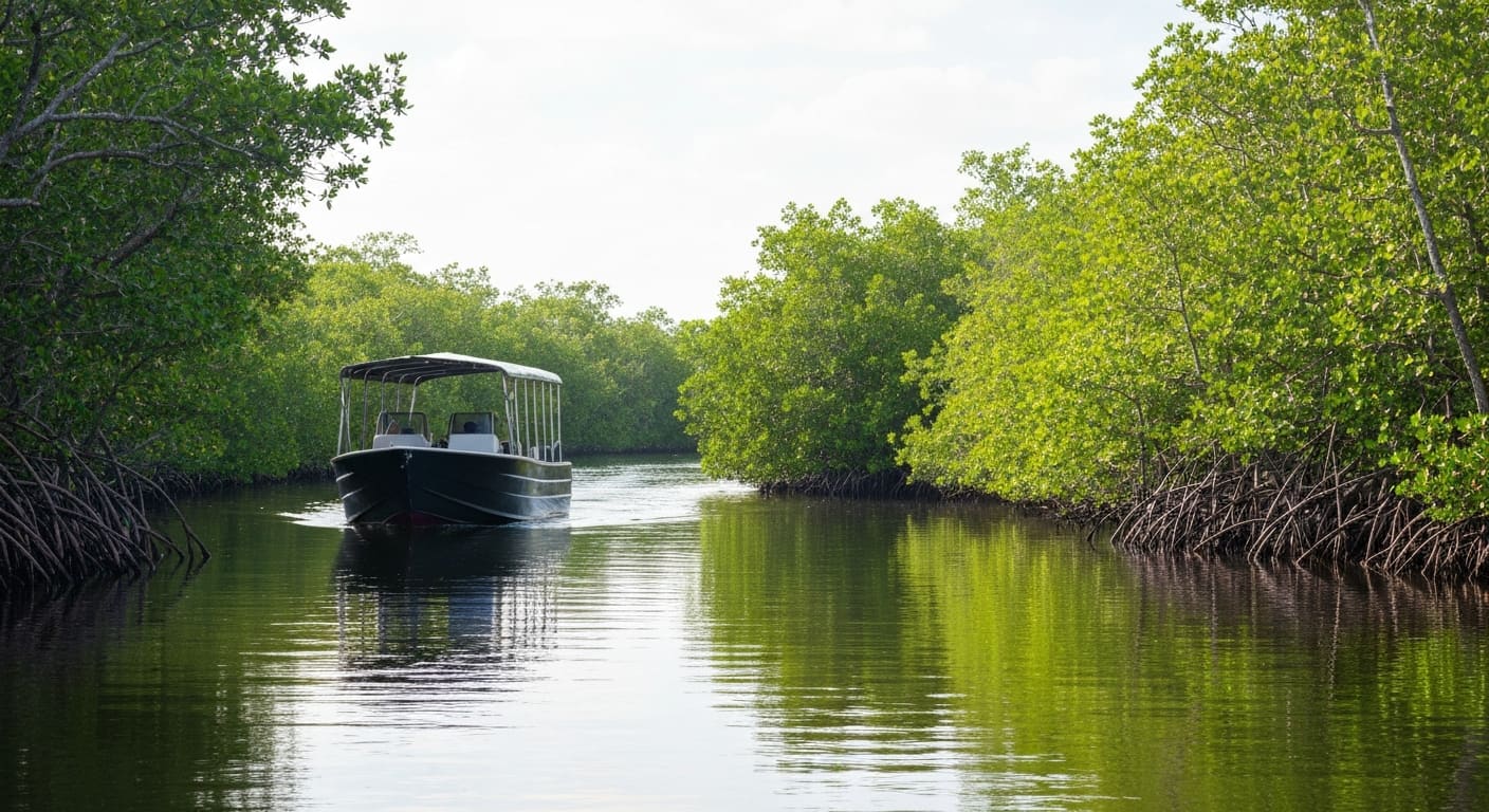Covered eco boat moving through mangrove channels in Everglades City