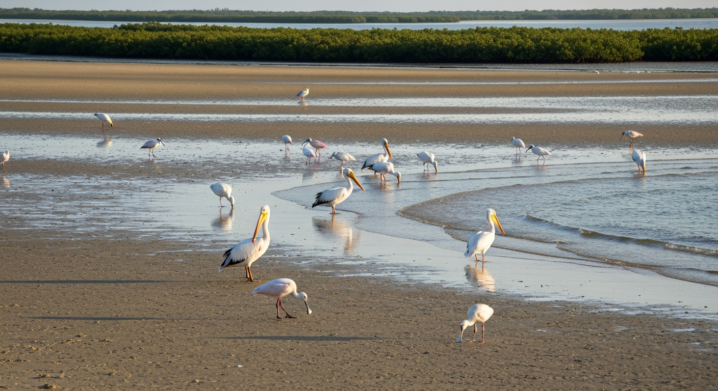 Wading birds on exposed tidal flats at Bunche Beach Preserve in Fort Myers Florida at low tide