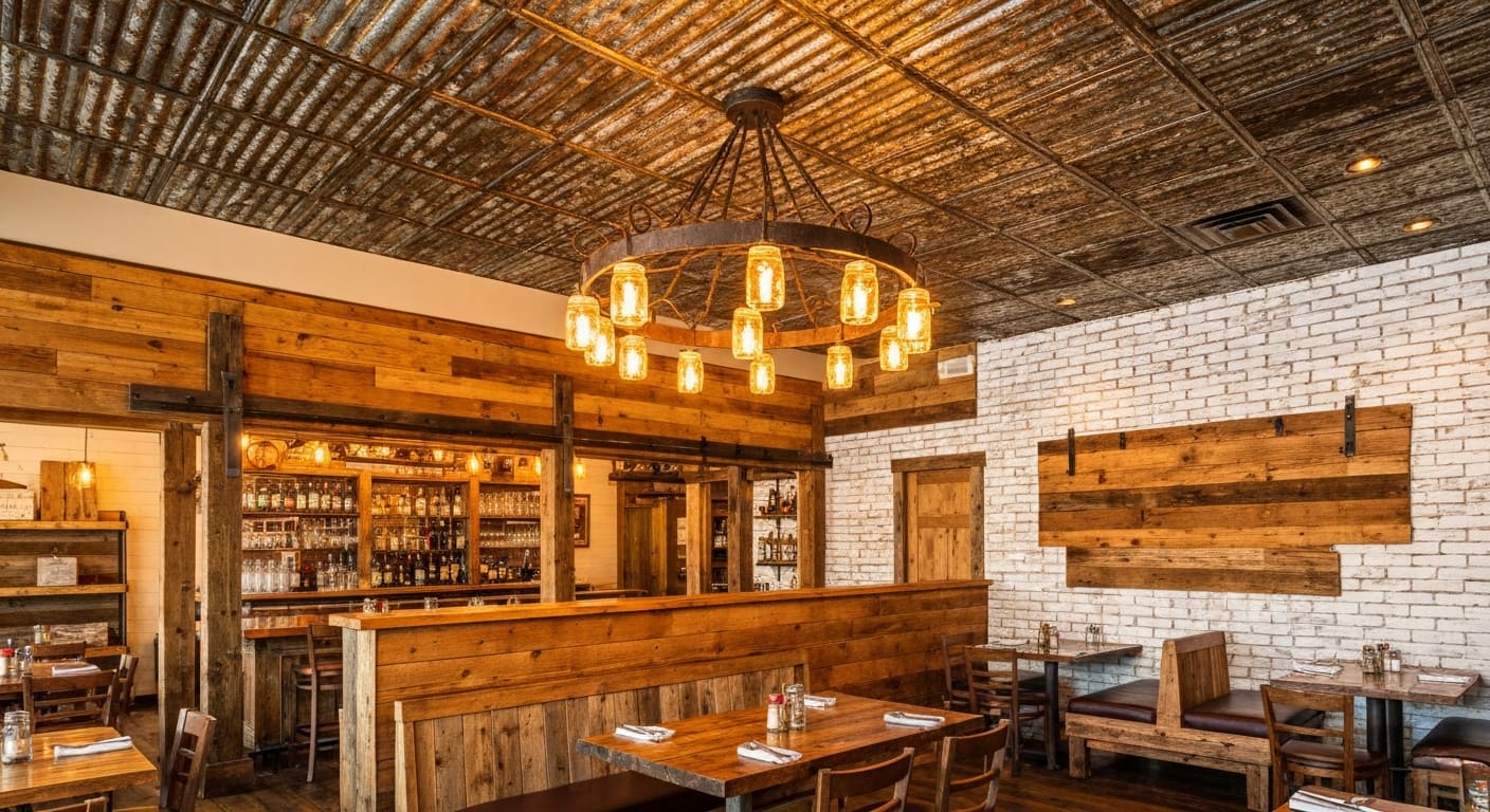 Fancy's Southern Cafe rustic interior with corrugated tin ceiling in Fort Myers