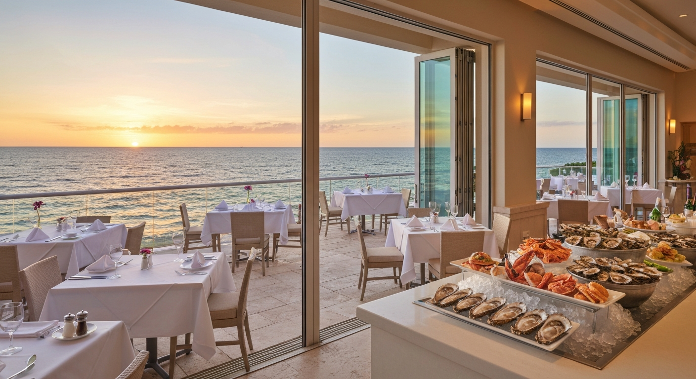 Oceanfront dining terrace at HBs restaurant at Naples Beach Club with Gulf of Mexico sunset views