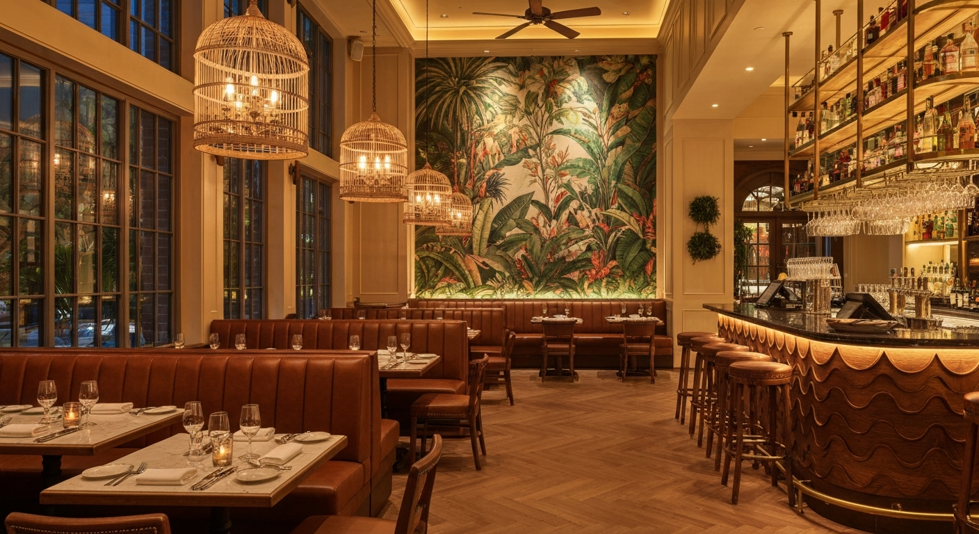 The Merchant Room restaurant interior at Naples Beach Club Four Seasons with botanical murals and elegant dining room