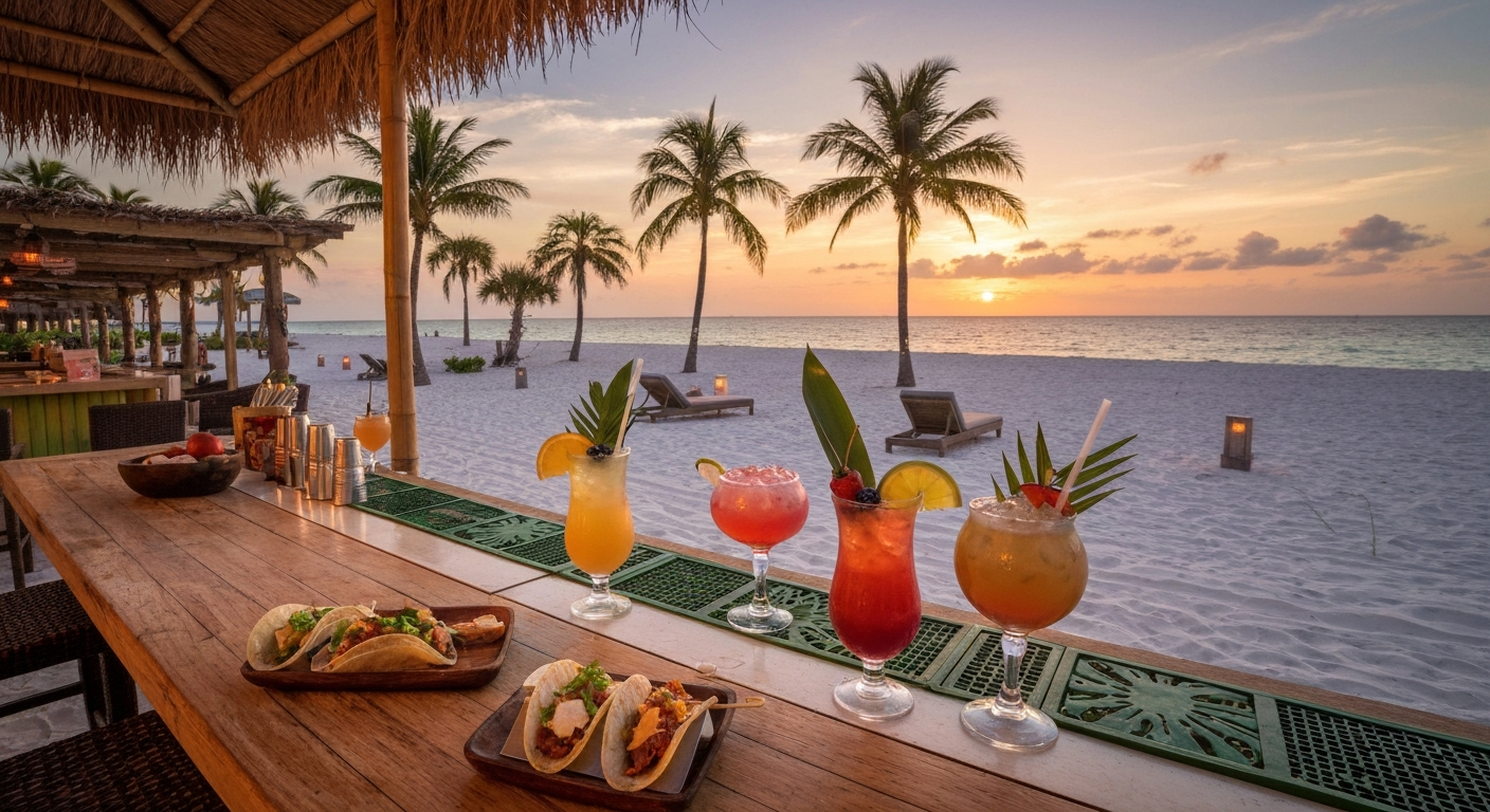 Beachfront sunset bar at Naples Beach Club with tropical cocktails and Gulf views
