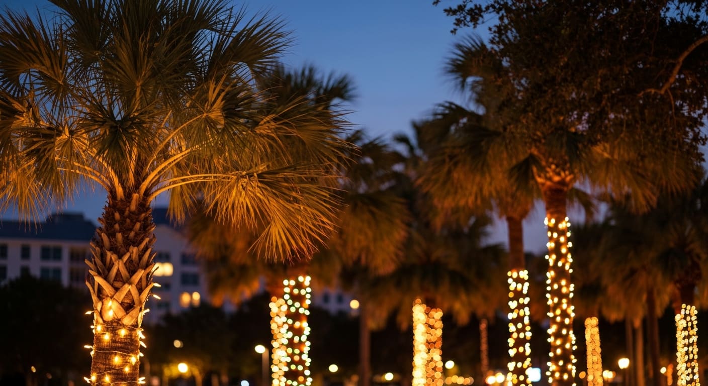 Holiday lights and palm trees in Southwest Florida