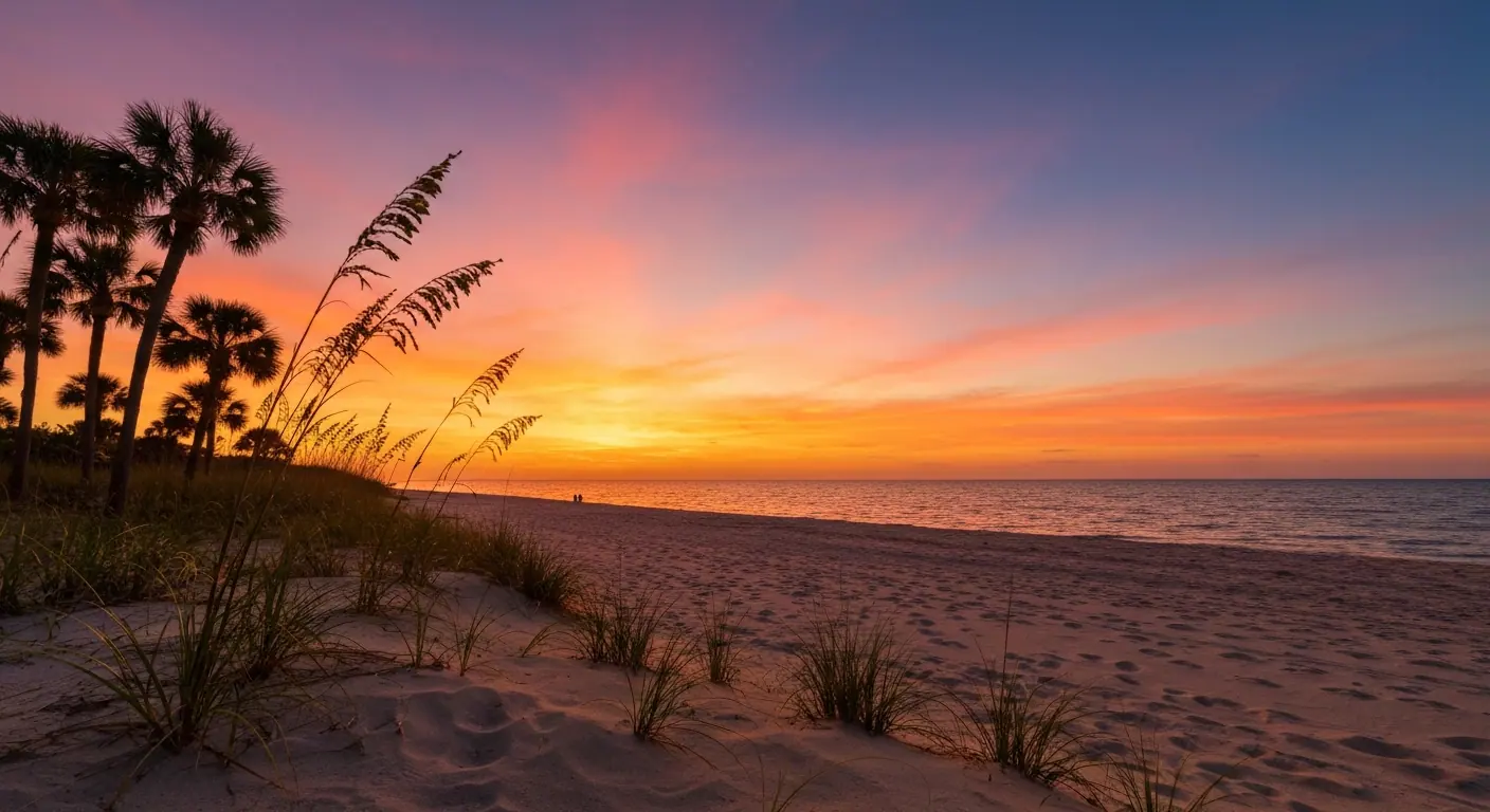 Sunset over Bonita Beach with palm trees and calm Gulf waters in Southwest Florida