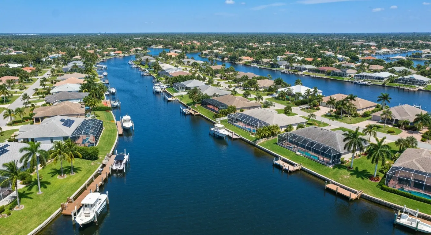 Aerial view of Cape Coral Florida canals with waterfront homes and boats