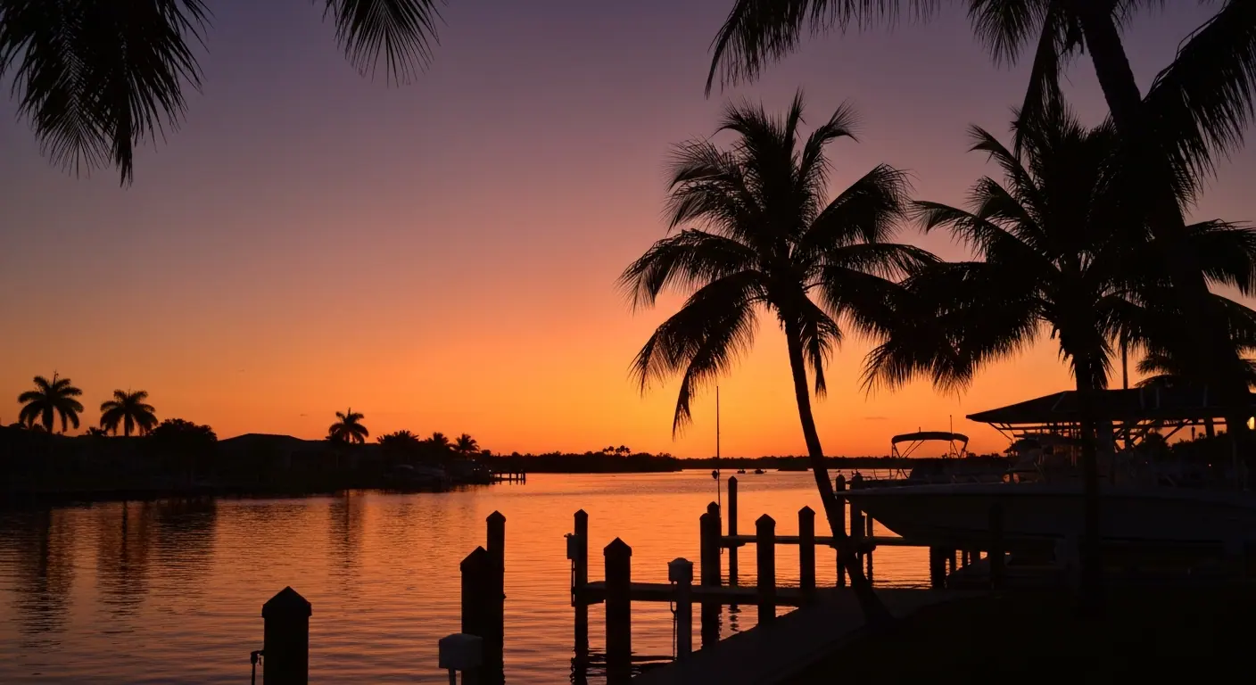 Sunset over the Caloosahatchee River from a Cape Coral waterfront dock
