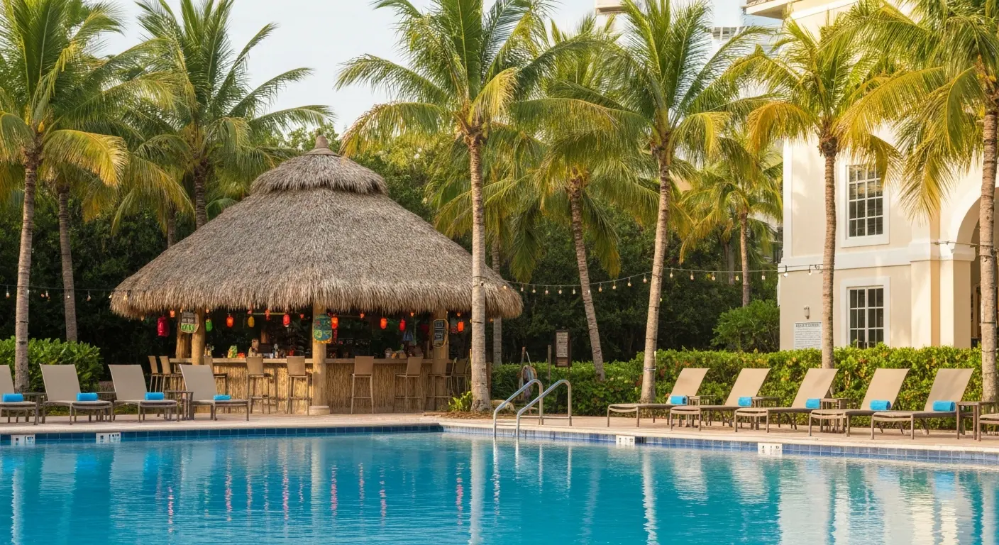 Tropical poolside tiki bar and palm trees at a Cape Coral Florida waterfront resort