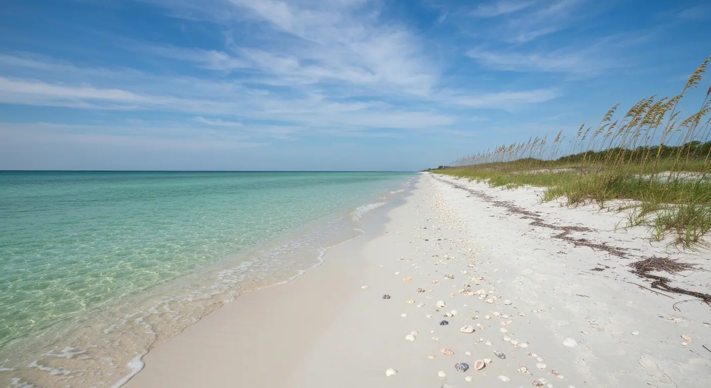Quiet beach scene at Englewood Beach on Manasota Key with calm Gulf waters and white sand