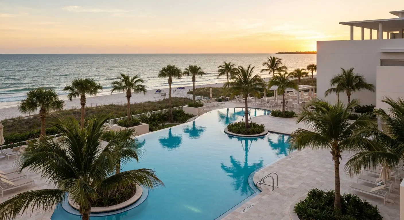 Hilton Marco Island Beach Resort pool and beachfront at sunset