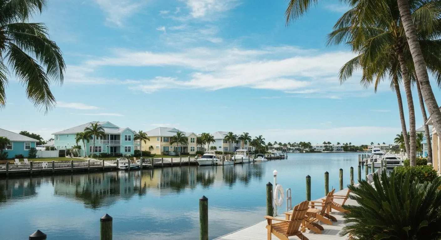 Latitude 26 Waterfront Boutique Resort on the bay in Bonita Springs with boats and palm trees