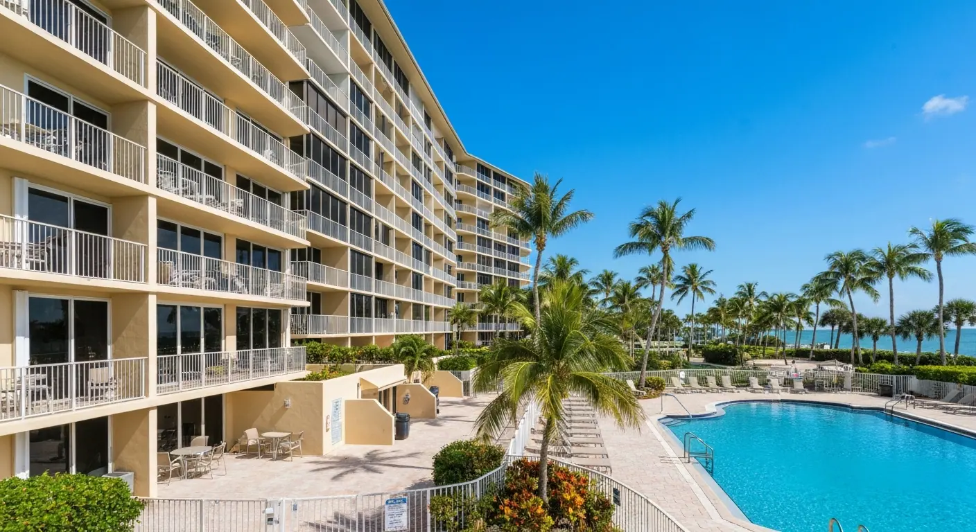 Marriott Crystal Shores pool area with tropical landscaping on Marco Island