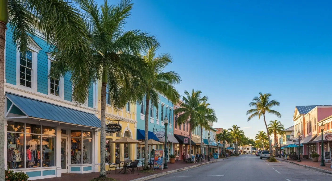Historic downtown Punta Gorda Florida street with palm trees and colorful buildings