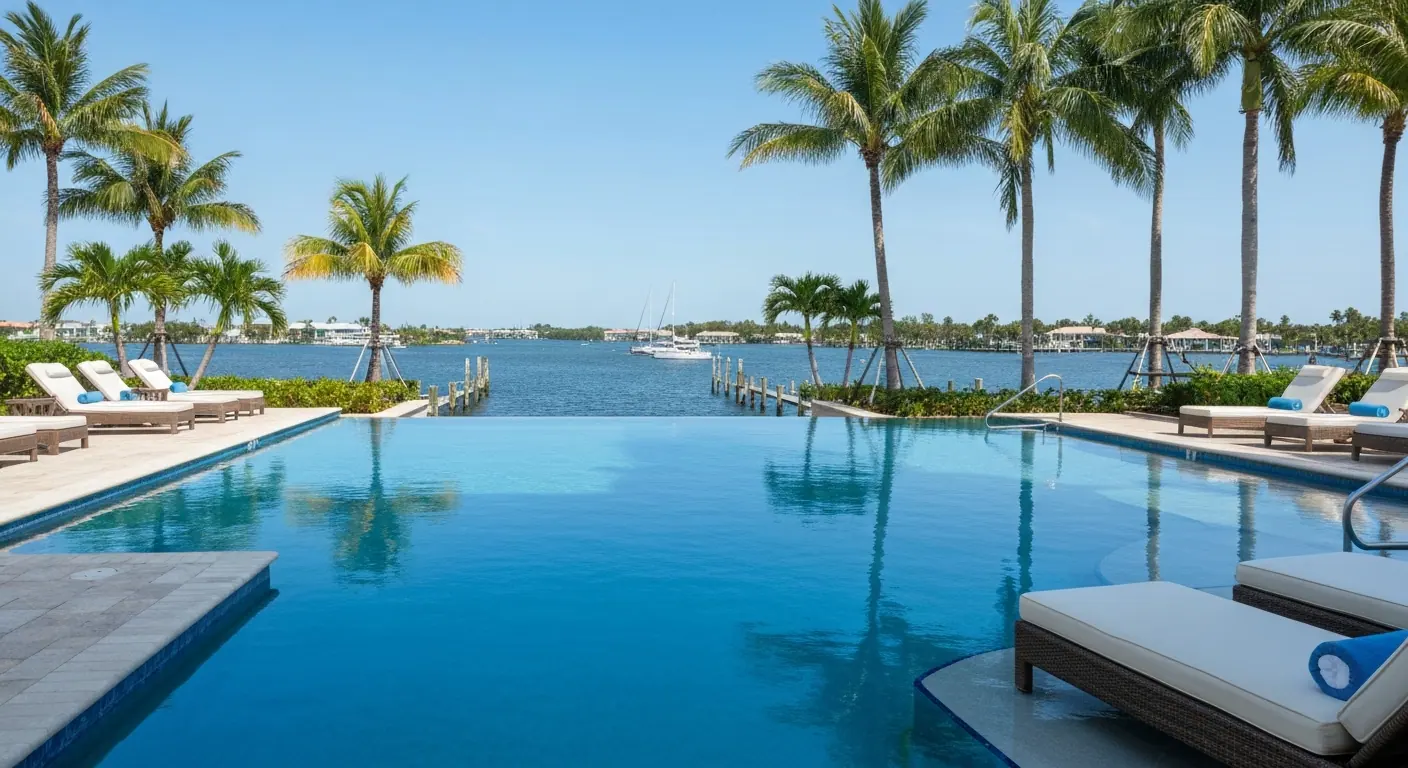 Luxury resort pool area overlooking Charlotte Harbor in Punta Gorda Florida