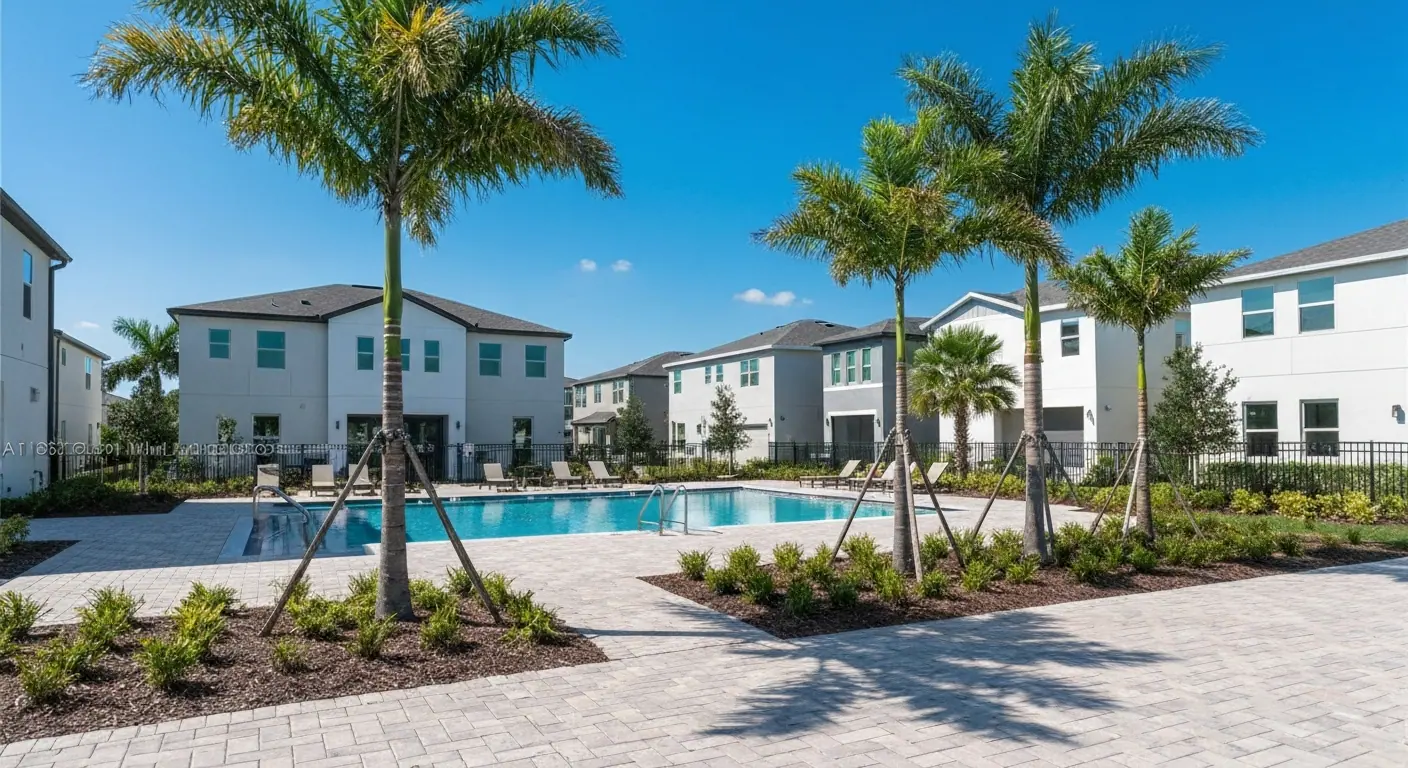 Wellen Park Venice Florida with lakefront dining and palm tree-lined walkways