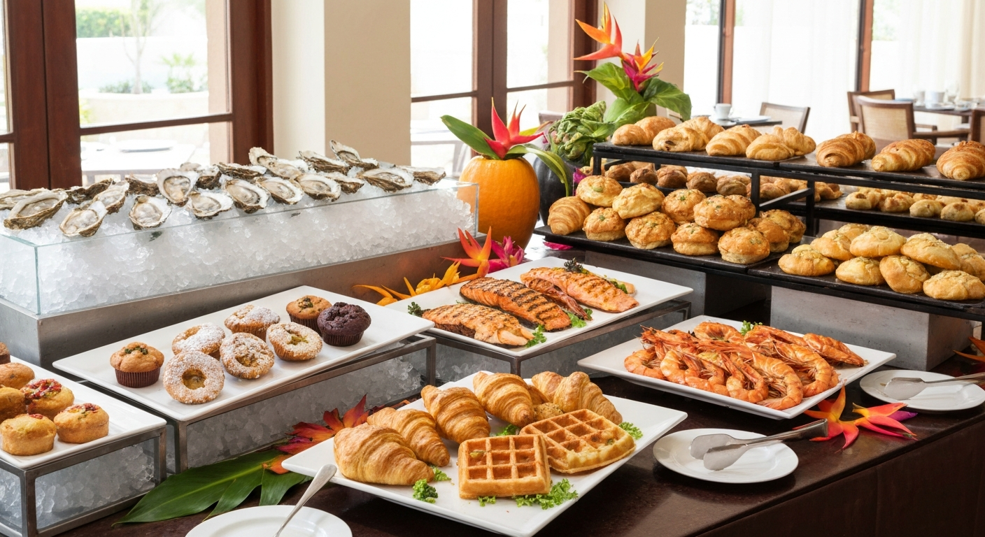 Sunday brunch buffet spread at Tarpon Bay restaurant inside Hyatt Regency Coconut Point resort