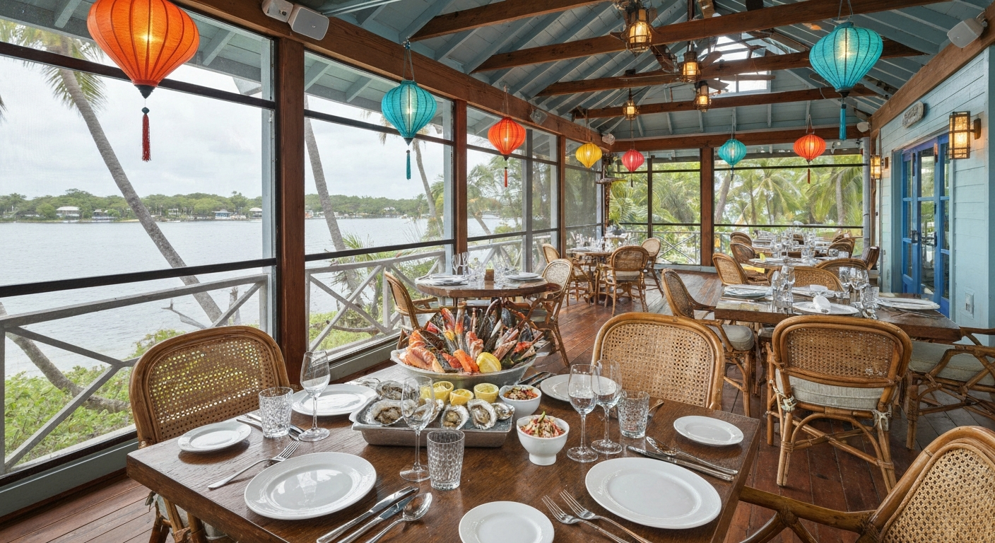 Tarpon Bay seafood restaurant screened porch dining at Hyatt Regency Coconut Point in Bonita Springs