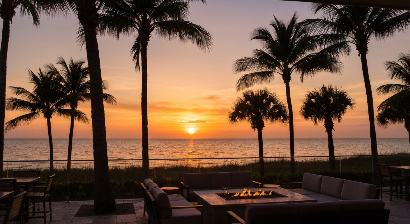 Sunset view over the Gulf from BALEEN restaurant at LaPlaya Beach Resort Naples