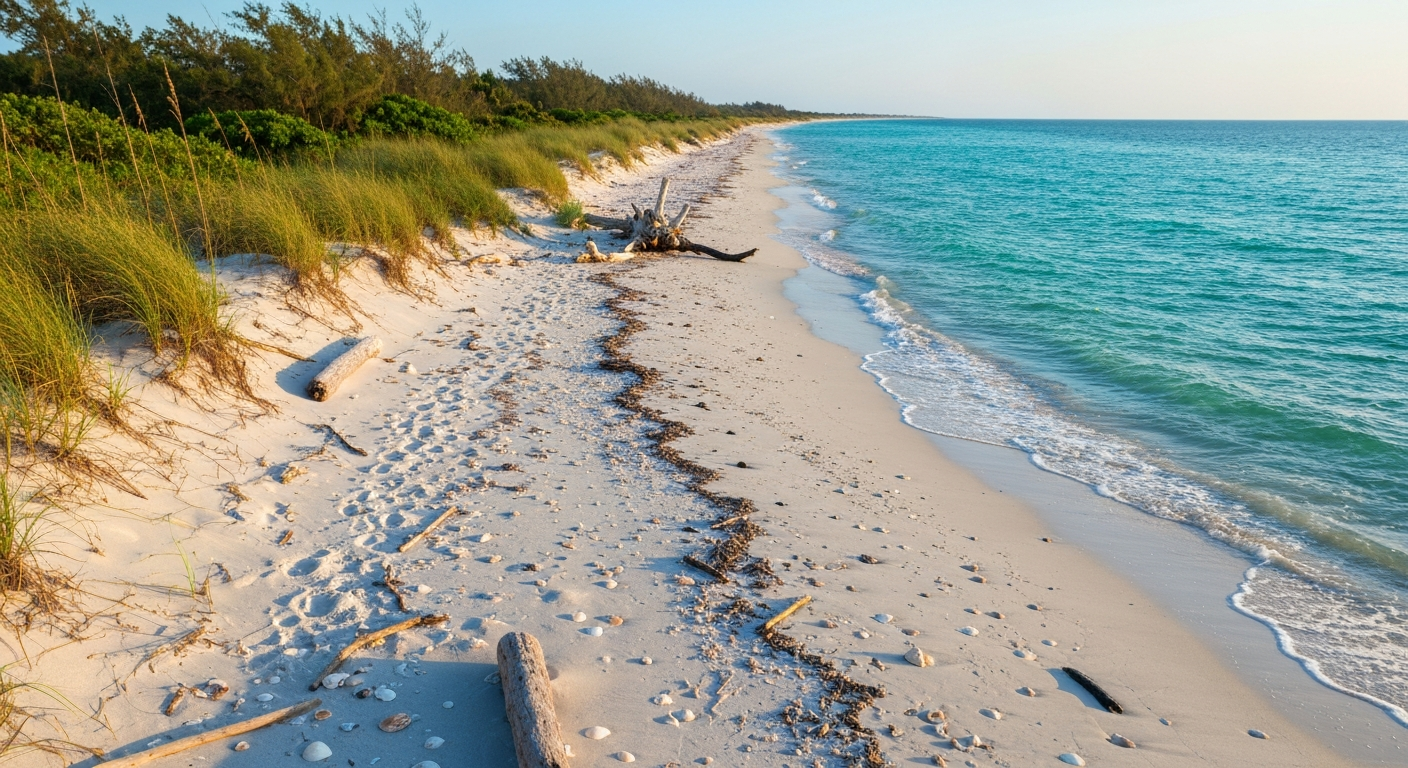 Undeveloped shoreline of Keewaydin Island near Marco Island Florida with pristine shells and driftwood