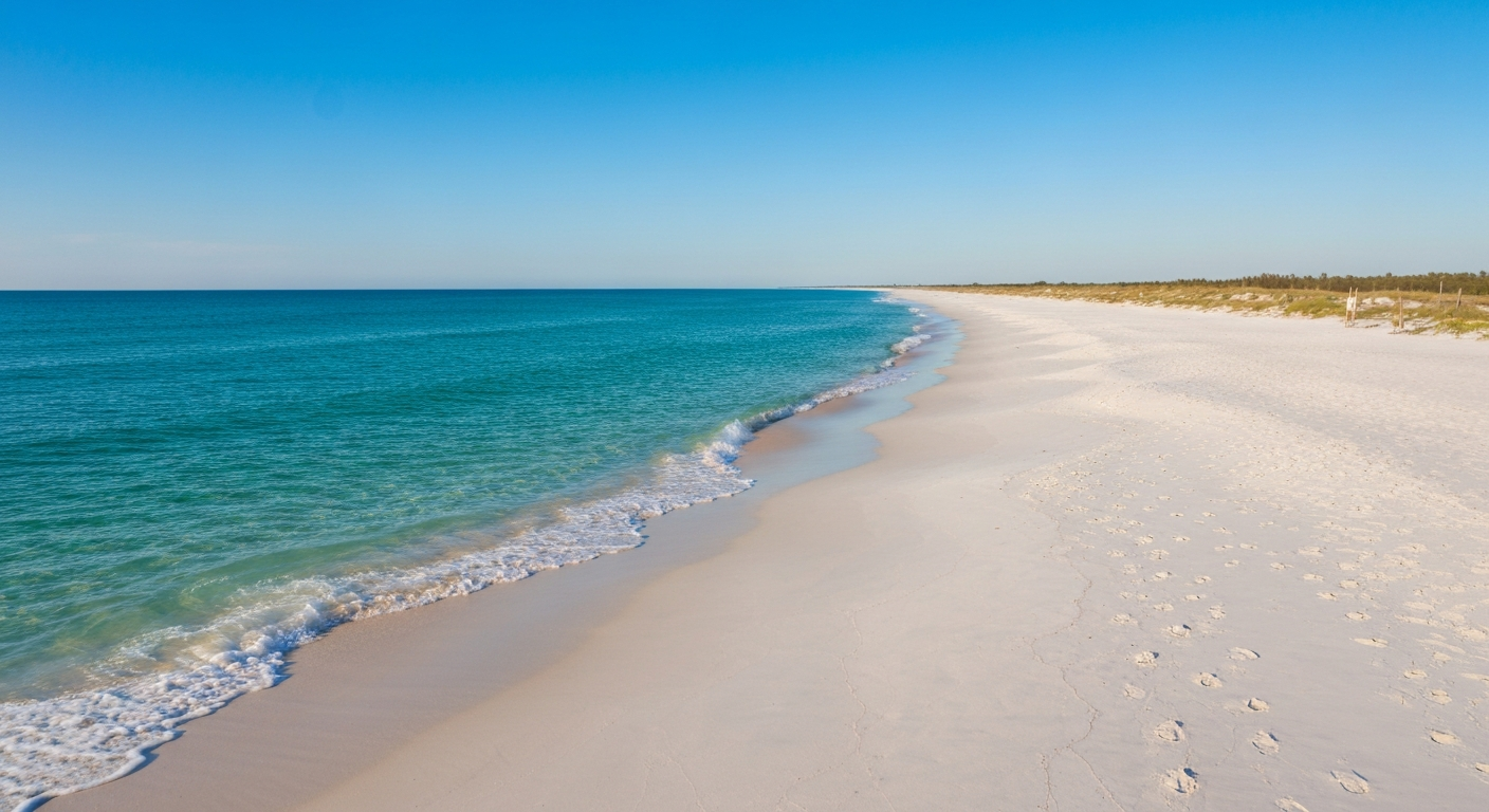 Wide crescent of white sand beach along the Gulf coastline at South Marco Beach on Marco Island Florida