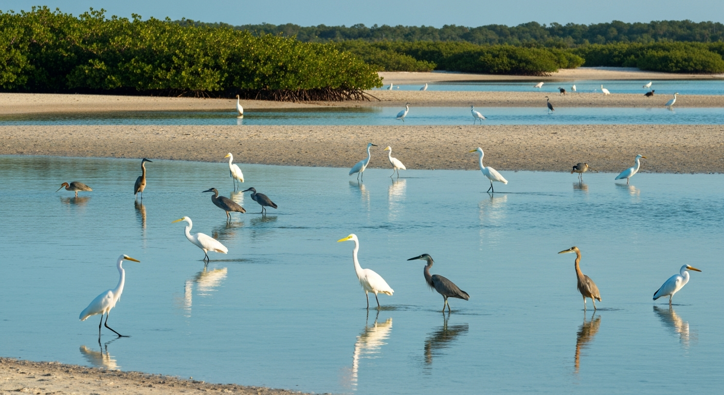 Tidal lagoon and sandy shoreline at Tigertail Beach on Marco Island Florida with calm turquoise water