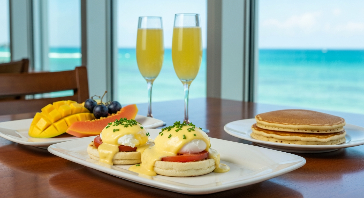 Beautiful brunch spread with eggs benedict and mimosas at Margaritaville Fort Myers Beach