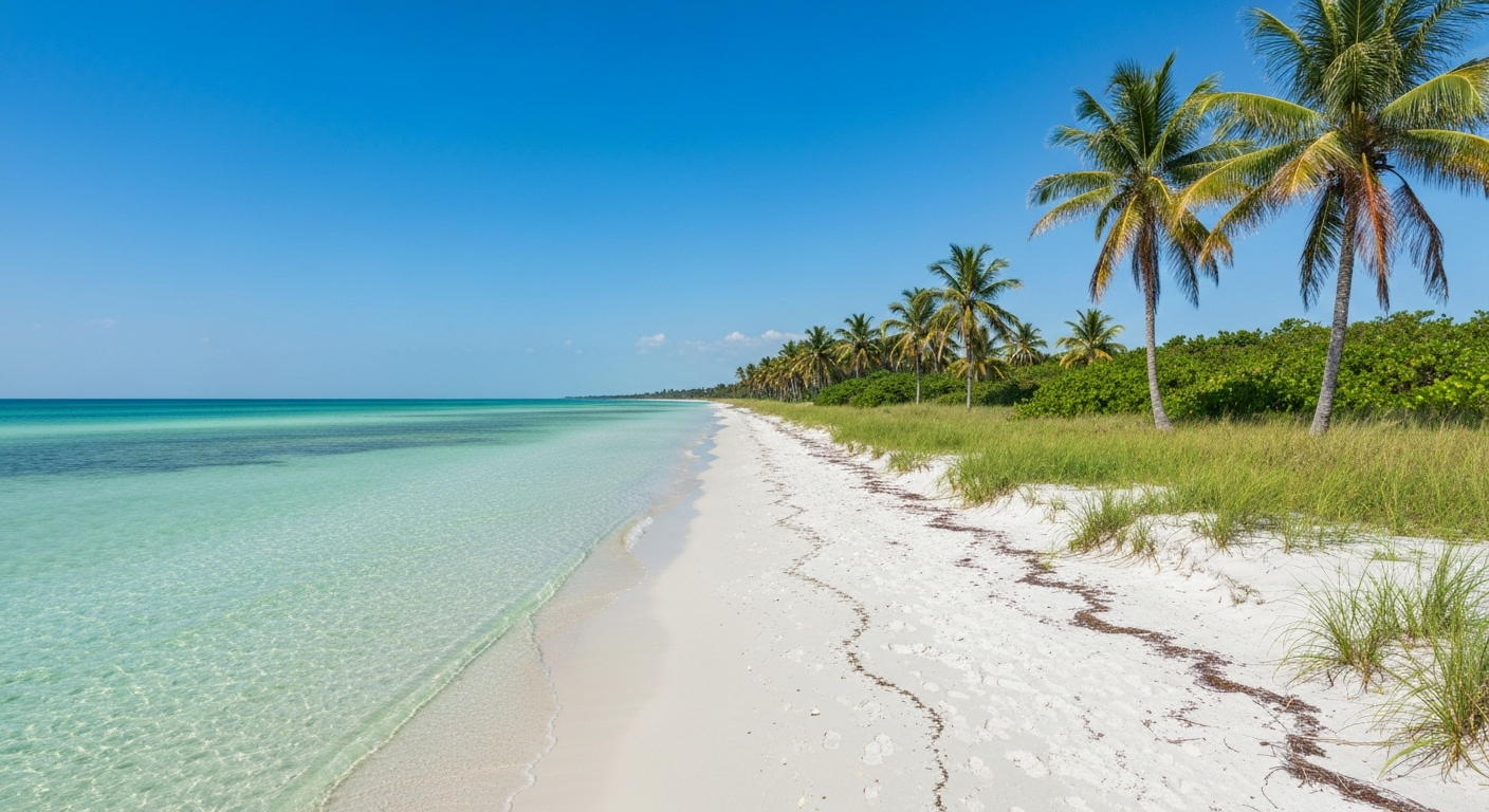White sand beach and clear Gulf water at Delnor-Wiggins Pass State Park in Naples Florida