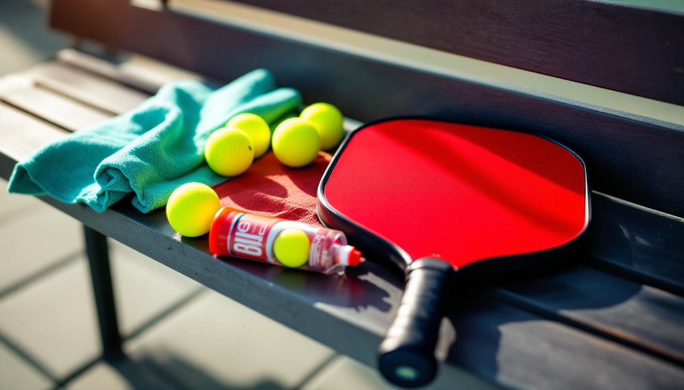 Pickleball gear laid out: paddle, balls, towel, water bottle, sunscreen