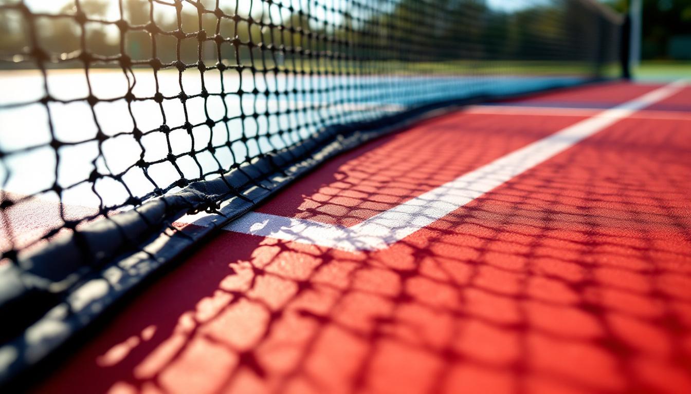 Pickleball court surface and net in bright Florida sunshine