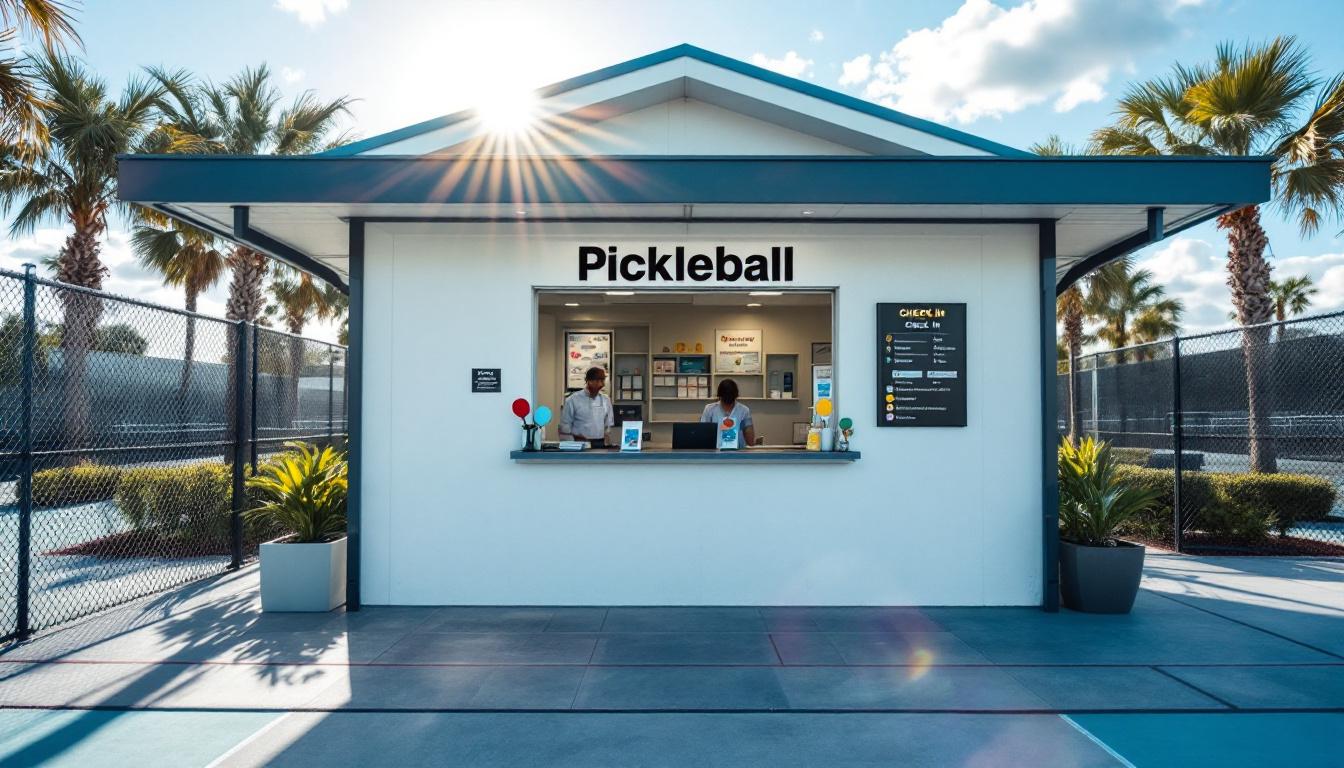 Check-in booth at the entrance to a pickleball facility